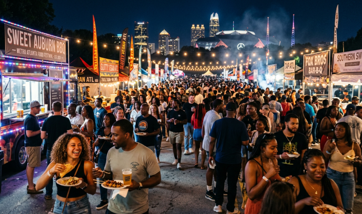 Large crowd at Metro Atlanta food festival with various BBQ and dessert food stalls at night