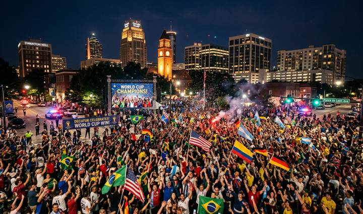 Crowd celebrating World Cup win in downtown Decatur with flags and banners