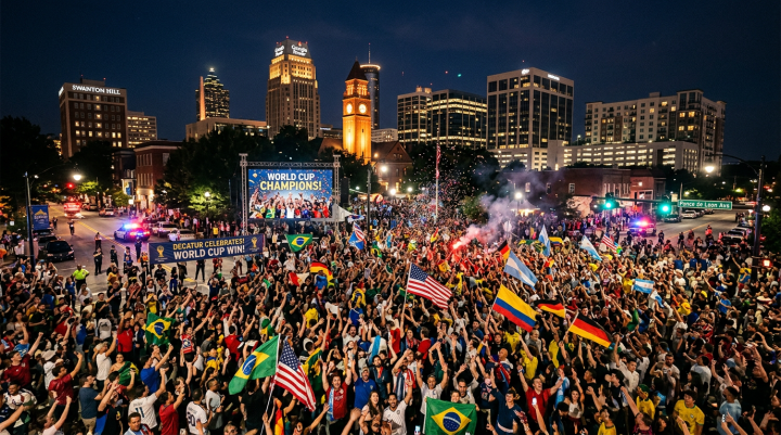 Crowd celebrating World Cup win in downtown Decatur with flags and banners