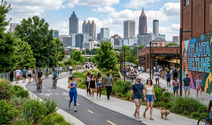 People walking, jogging, and biking on the Atlanta BeltLine trail with Atlanta skyline and mural