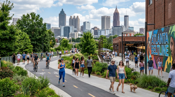 People walking, jogging, and biking on the Atlanta BeltLine trail with Atlanta skyline and mural