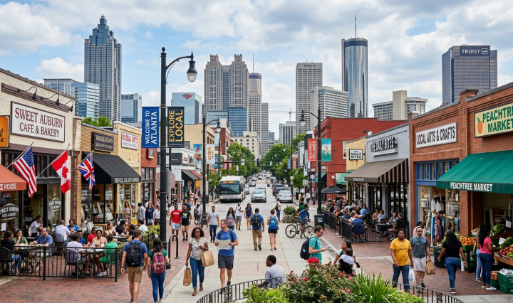 Bustling Atlanta street with local cafes, markets, and pedestrians with city skyline