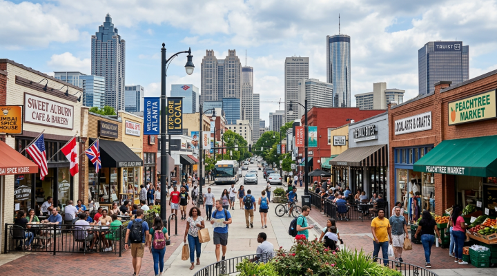 Bustling Atlanta street with local cafes, markets, and pedestrians with city skyline