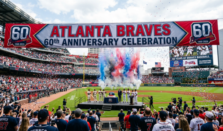 Atlanta Braves 60th anniversary celebration at Truist Park with players on stage and colorful smoke