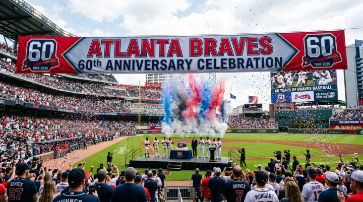 Atlanta Braves 60th anniversary celebration at Truist Park with players on stage and colorful smoke